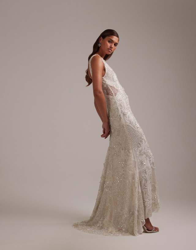 asos beaded wedding dress DESIGN ornate crystal embellished square neck maxi in ivory Size:8yrs bodycollection Ava Presley 39245 Formal