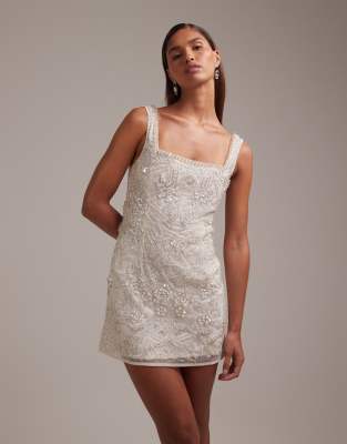 Asos Design Ornate Crystal Embellished Square Neck Mini Dress In Neutral