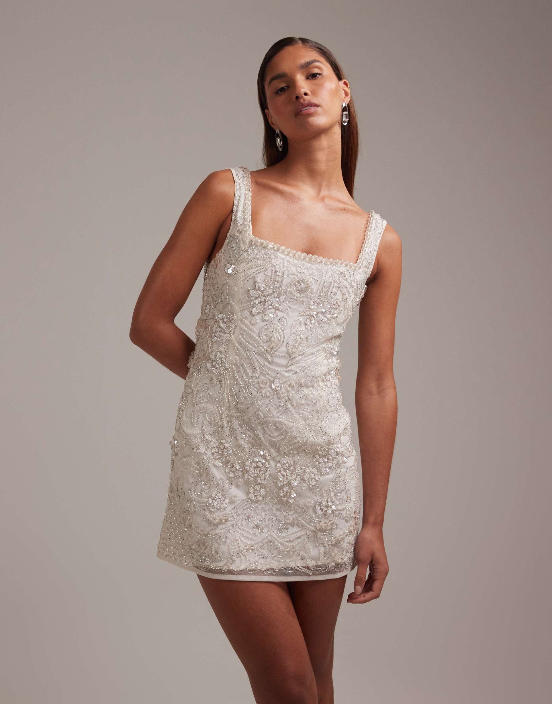 asos design ornate crystal embellished square neck mini dress in ivory
