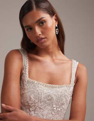 embellished square neck mini dress in white White MissPap Embellished Tweed Square Neck A-line Mini Dress