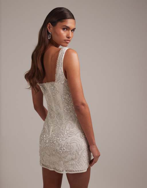 ASOS Design ornate crystal embellished square neck mini dress in ivory-White