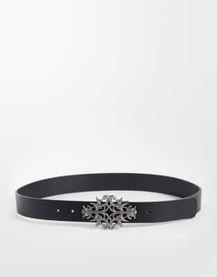 Asos Design Ornate Cut Out Buckle Faux Leather Belt In Black