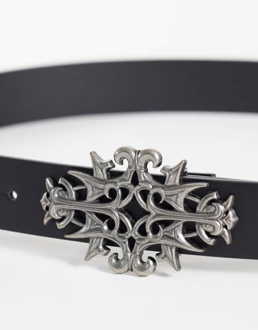 ASOS DESIGN ornate cut out buckle faux leather belt in black, 3 of 3