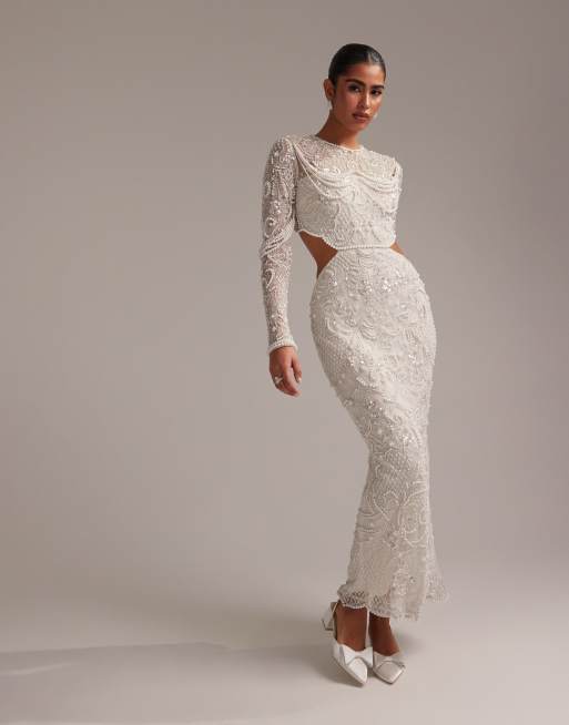 ASOS DESIGN – Ornate – Kolumnowa suknia ślubna maxi ze zdobieniem z pereł i wycięciem w talii