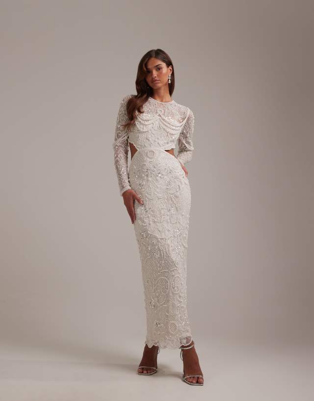 asos beaded wedding dress DESIGN ornate pearl embellished column maxi with cut away waist in ivory Size:8yrs bodycollection Ava Presley 39245 Formal