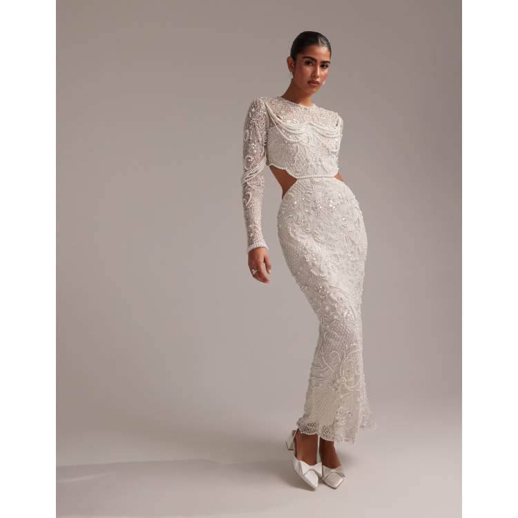 ASOS DESIGN ornate pearl embellished column maxi wedding dress with cut  away waist | ASOS