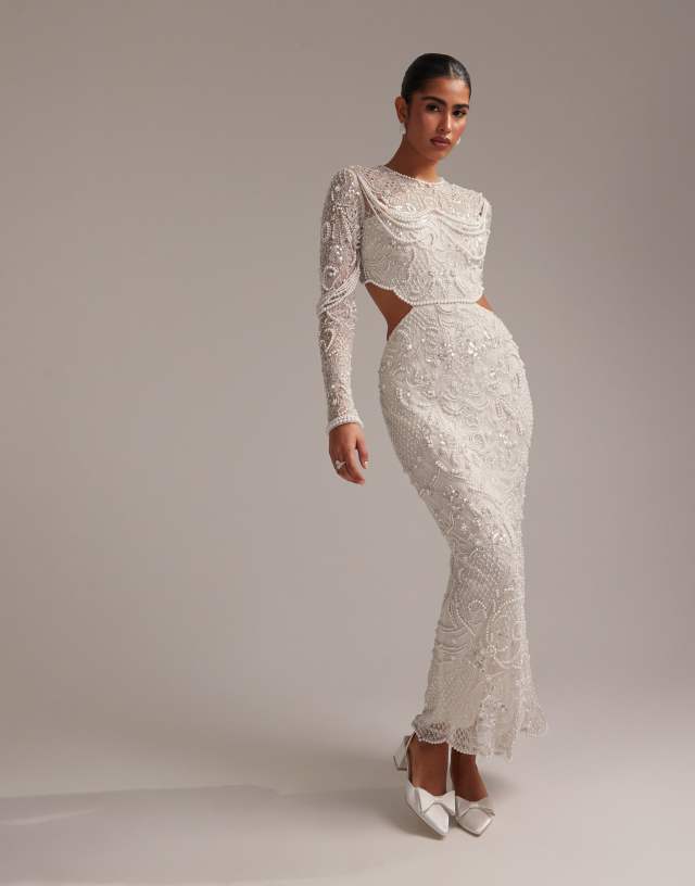 asos pearl beaded dress DESIGN ornate embellished column maxi wedding with cut away waist this regular fit dress
