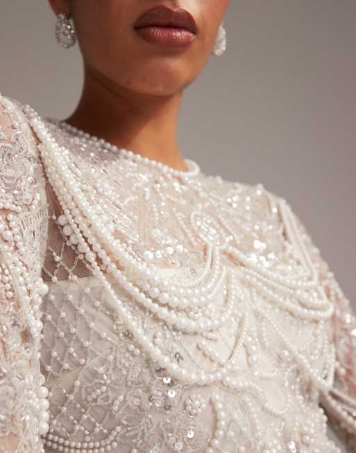 ASOS DESIGN ornate pearl embellished column maxi wedding dress with cut  away waist | ASOS
