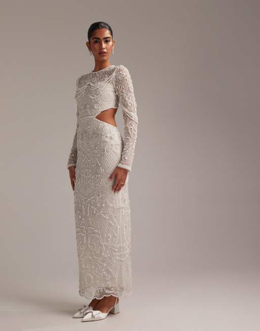 ASOS DESIGN ornate pearl embellished column maxi wedding dress with cut away waist, 3 of 6