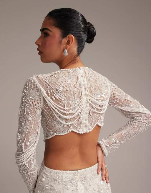 sachin and babi light blue dress ASOS DESIGN ornate pearl embellished column maxi wedding dress with cut  away waist