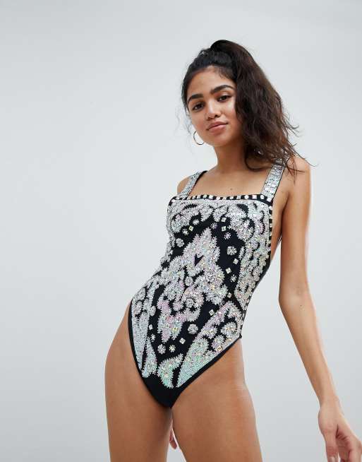 Embellished Plunge Swimsuit