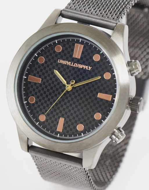 ASOS DESIGN - Orologio bracciale con cinturino in maglia color canna di fucile e quadrante nero