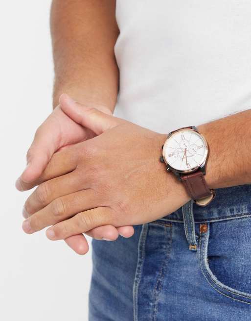 ASOS DESIGN - Orologio classico con finiture in metalli misti e cinturino in pelle marrone, 3 di 4