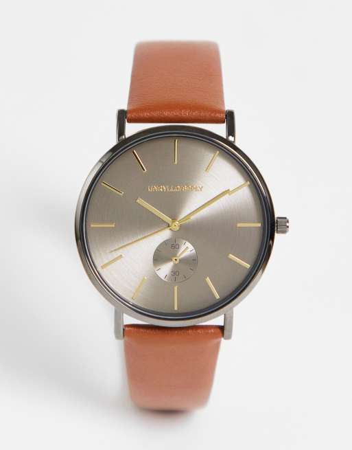 ASOS DESIGN - Orologio classico con quadrante marrone e cinturino color cuoio
