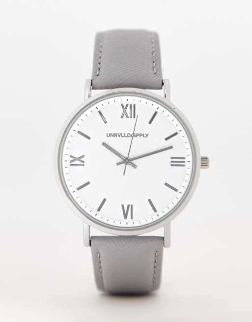 ASOS DESIGN - Orologio classico in pelle di saffiano grigia con quadrante bianco