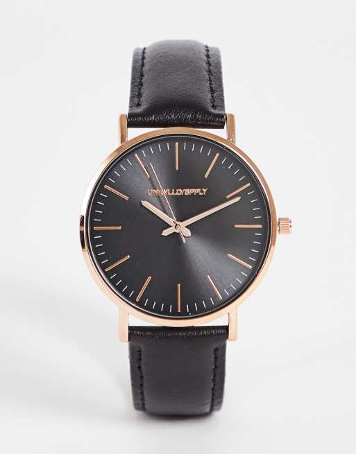 ASOS DESIGN - Orologio classico in pelle nero con dettagli oro rosa
