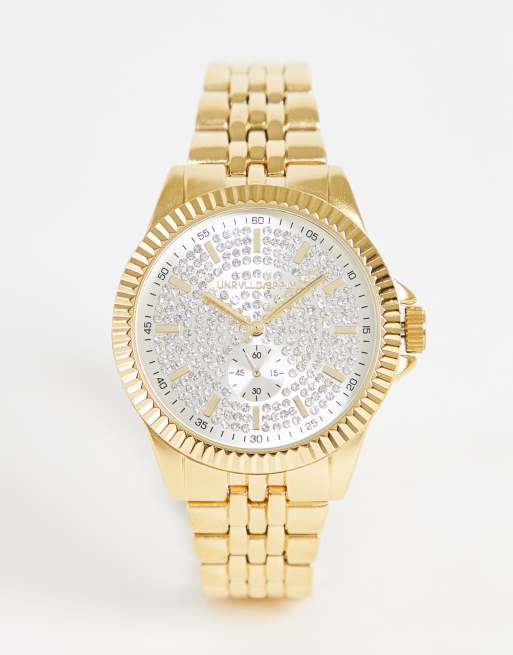ASOS DESIGN - Orologio con bracciale color oro e quadrante con cristalli
