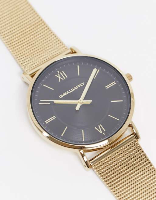 ASOS DESIGN - Orologio con maglie a rete in acciaio inossidabile color oro