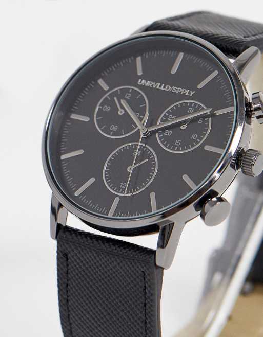 ASOS DESIGN - Orologio nero classico con sottoquadranti grigio piombo e cinturino in pelle saffiano, 2 di 4