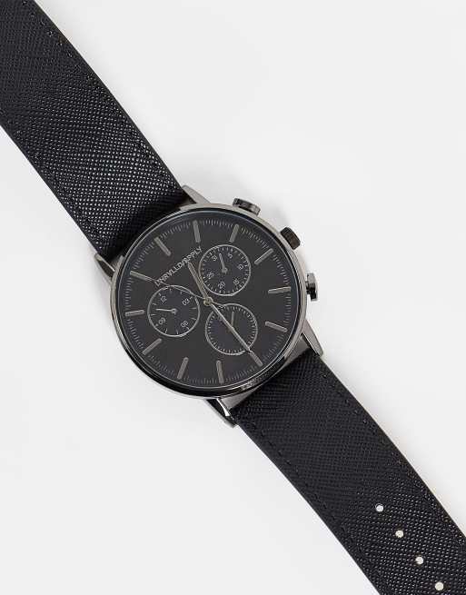 ASOS DESIGN - Orologio nero con sottoquadranti grigio piombo e cinturino in pelle saffiano