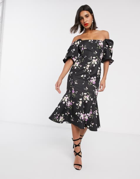 ASOS DESIGN – Ottaman – Strukturiertes Midikleid mit Puffärmeln und Schößchensaum