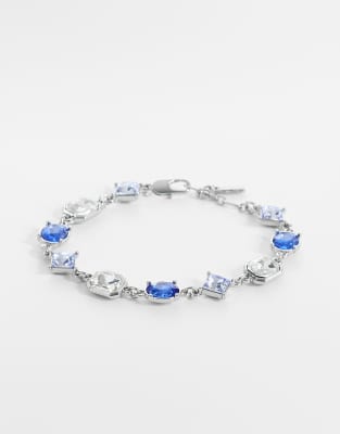 Asos Design Oval And Diamond Blue Crystal Stone Set Bracelet In Metallic