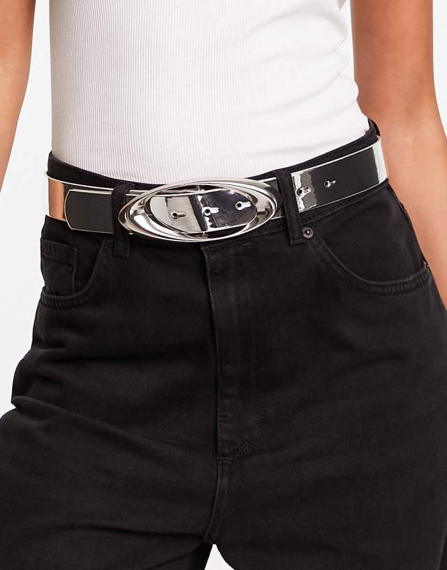 ASOS DESIGN oval beveled buckle jeans belt in silver