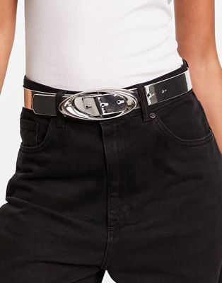 ASOS DESIGN oval bevelled buckle jeans belt in silver