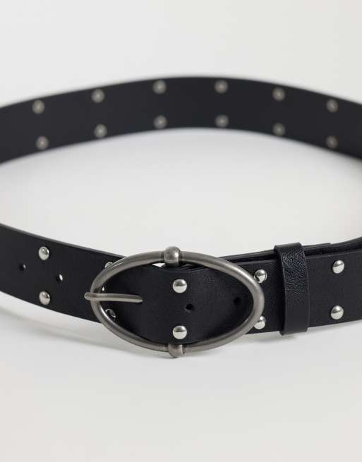 ASOS DESIGN oval buckle studded faux leather belt in black, 2 of 3