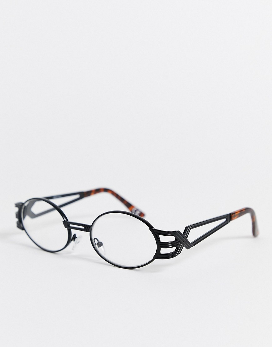 ASOS DESIGN oval fashion glasses in black metal with arm detail and clear lenses-Gold