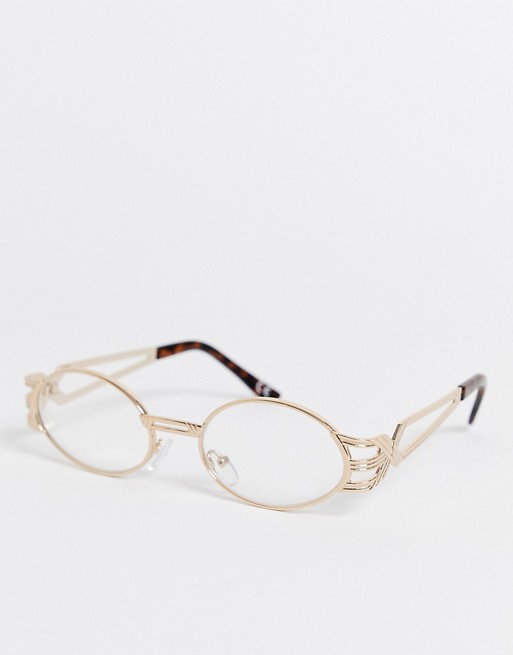 ASOS DESIGN oval glasses with gold arm detail and clear lens