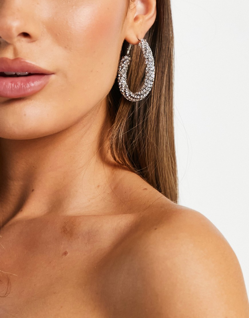 ASOS DESIGN oval hoop earrings in twist crystal drench-Silver