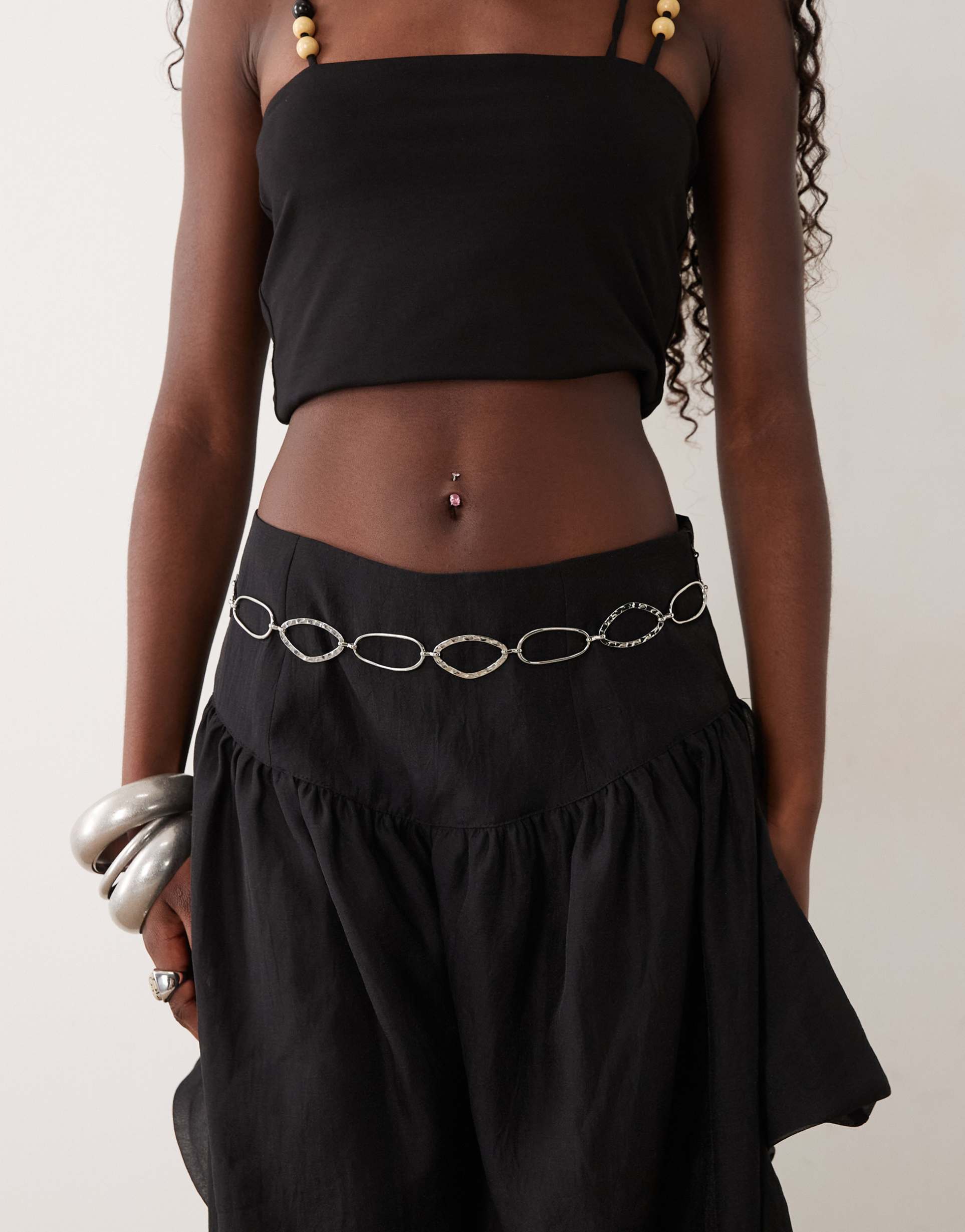 asos design oval ring chain belt in hammered silver tone