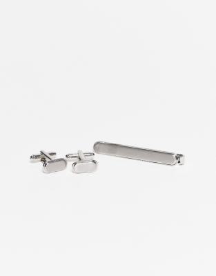Asos Design Oval Shape Tie Bar & Cufflinks Set In Neutral