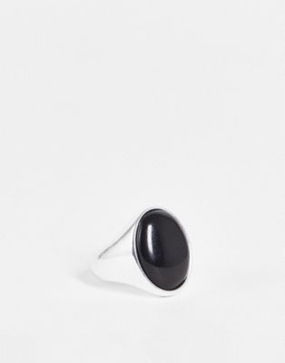 ASOS DESIGN oval signet ring with black jewel in silver tone