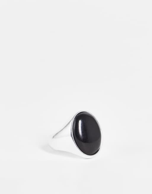 ASOS DESIGN - Oval signetring med sort sten i sølvfarve