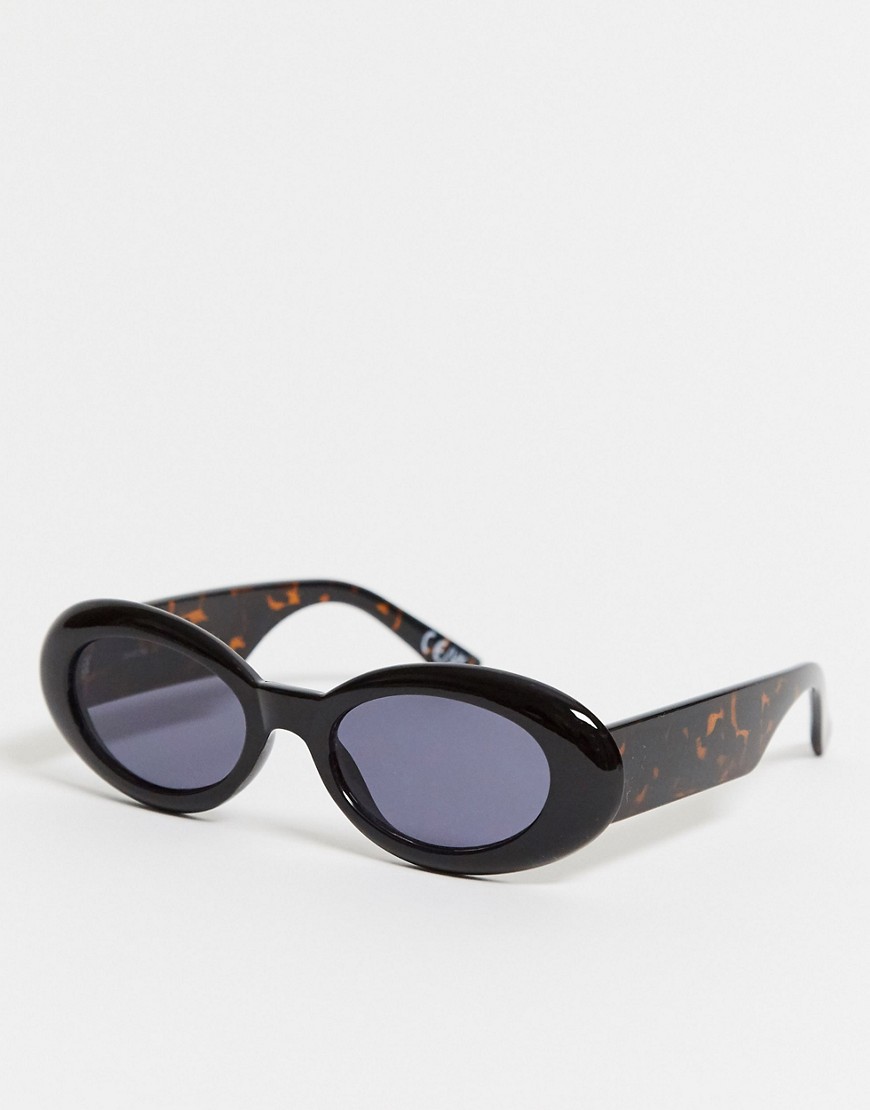 ASOS DESIGN oval sunglasses in shiny black with tort arms
