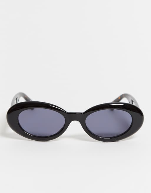 ASOS DESIGN oval sunglasses in shiny black with tort arms, 2 of 4