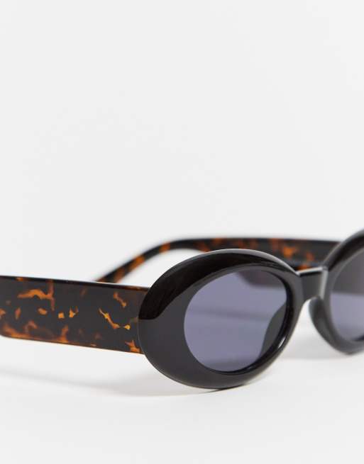 ASOS DESIGN oval sunglasses in shiny black with tort arms, 3 of 4