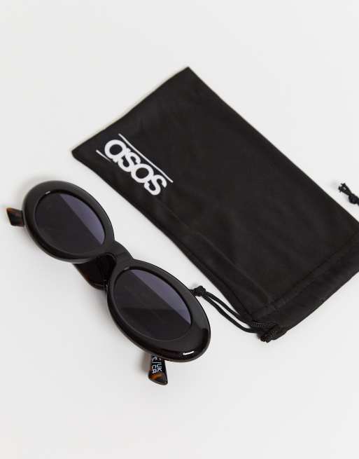 ASOS DESIGN oval sunglasses in shiny black with tort arms, 4 of 4