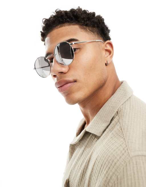 ASOS Design – Ovale Metall-Sonnenbrille in Silber-Optik mit schwarzen Gläsern