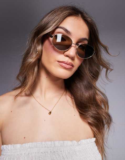 ASOS DESIGN – Ovale Sonnenbrille aus goldfarbenem Metall mit Bügeln in Schildpattoptik - view 1