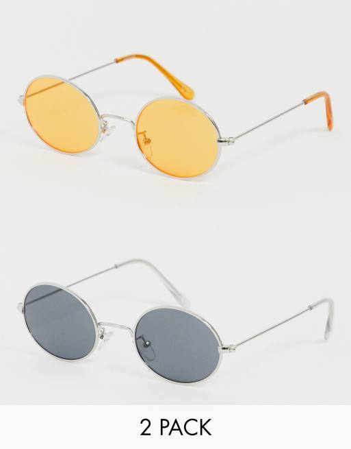 ASOS DESIGN – Ovale Sonnenbrillen im 2er-Pack in Silber mit neonorangenen Gläsern und gerauchten Gläsern