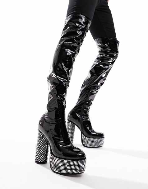 ASOS DESIGN - Over-de-knie laarzen met hak en siersteentjes van imitatielakleer in zwart - view 1