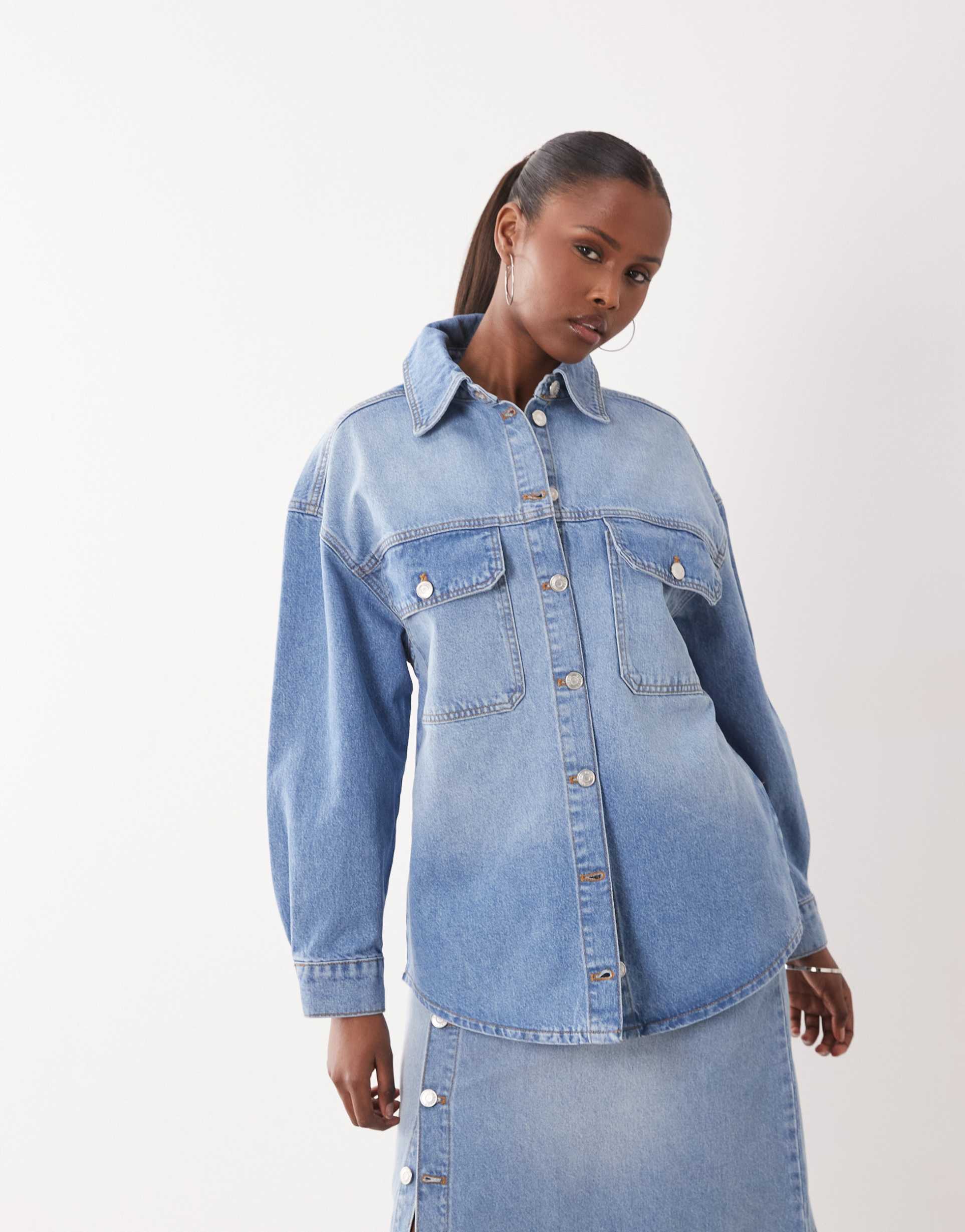 asos design over sized denim shirt in mid blue