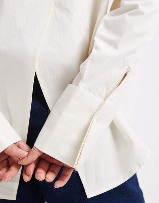 ASOS DESIGN over sized shirt with wrap detail in cream, 3 of 4