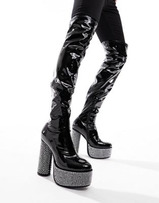  over the knee heeled boots  patent faux leather with diamante details