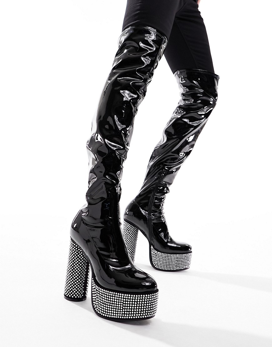 over the knee heeled boots in black patent faux leather with diamante details
