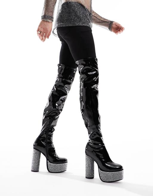 ASOS DESIGN over the knee heeled boots in black patent faux leather with diamante details ASOS