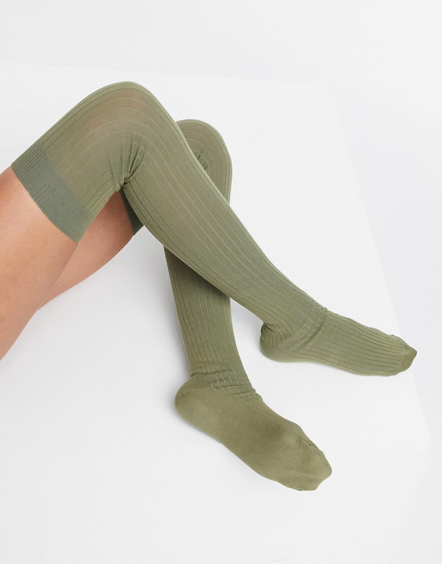 ASOS DESIGN over the knee ribbed socks in khaki-Green